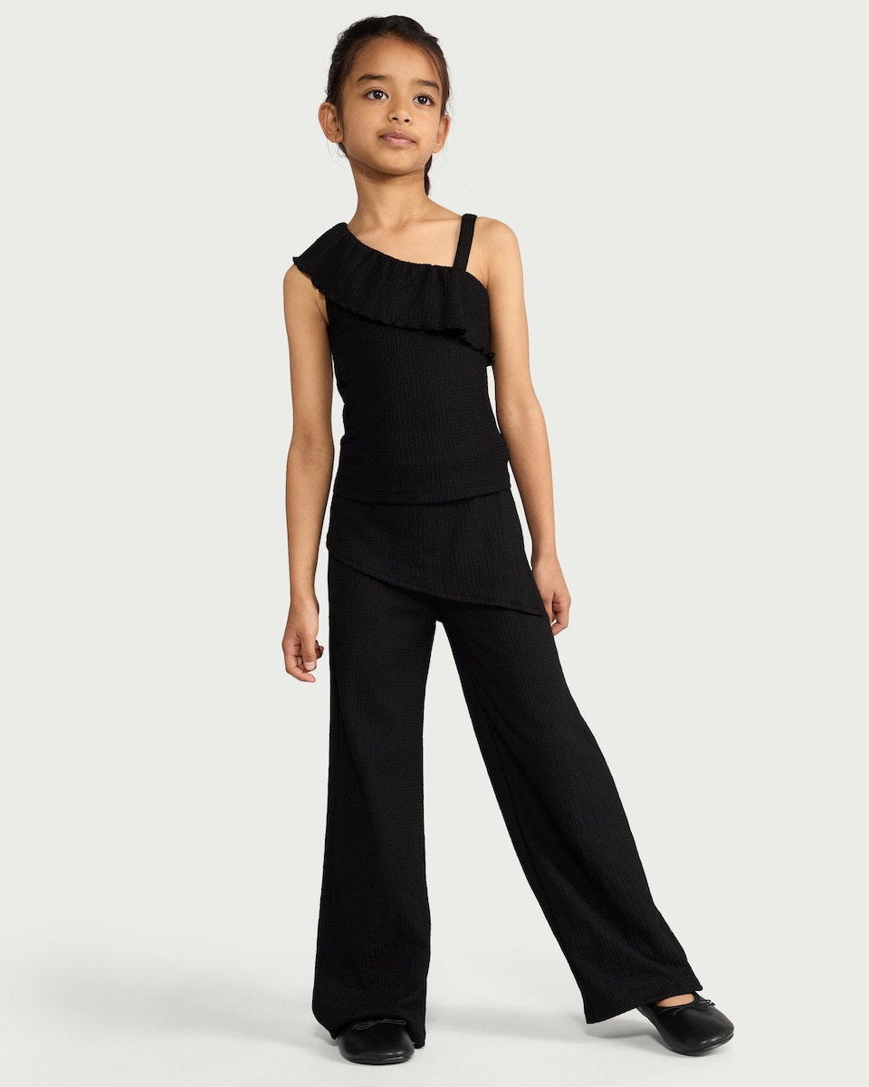 image 1 of F&F Girls Crinkle Textured Wide Leg Trousers in Black
