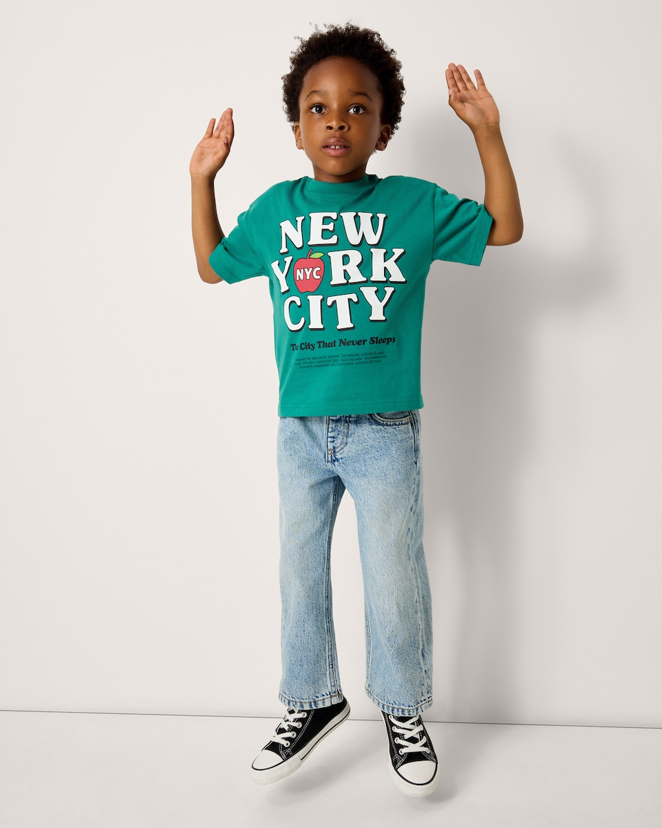 image 1 of F&F Boys Pure Cotton New York T-Shirt in Green