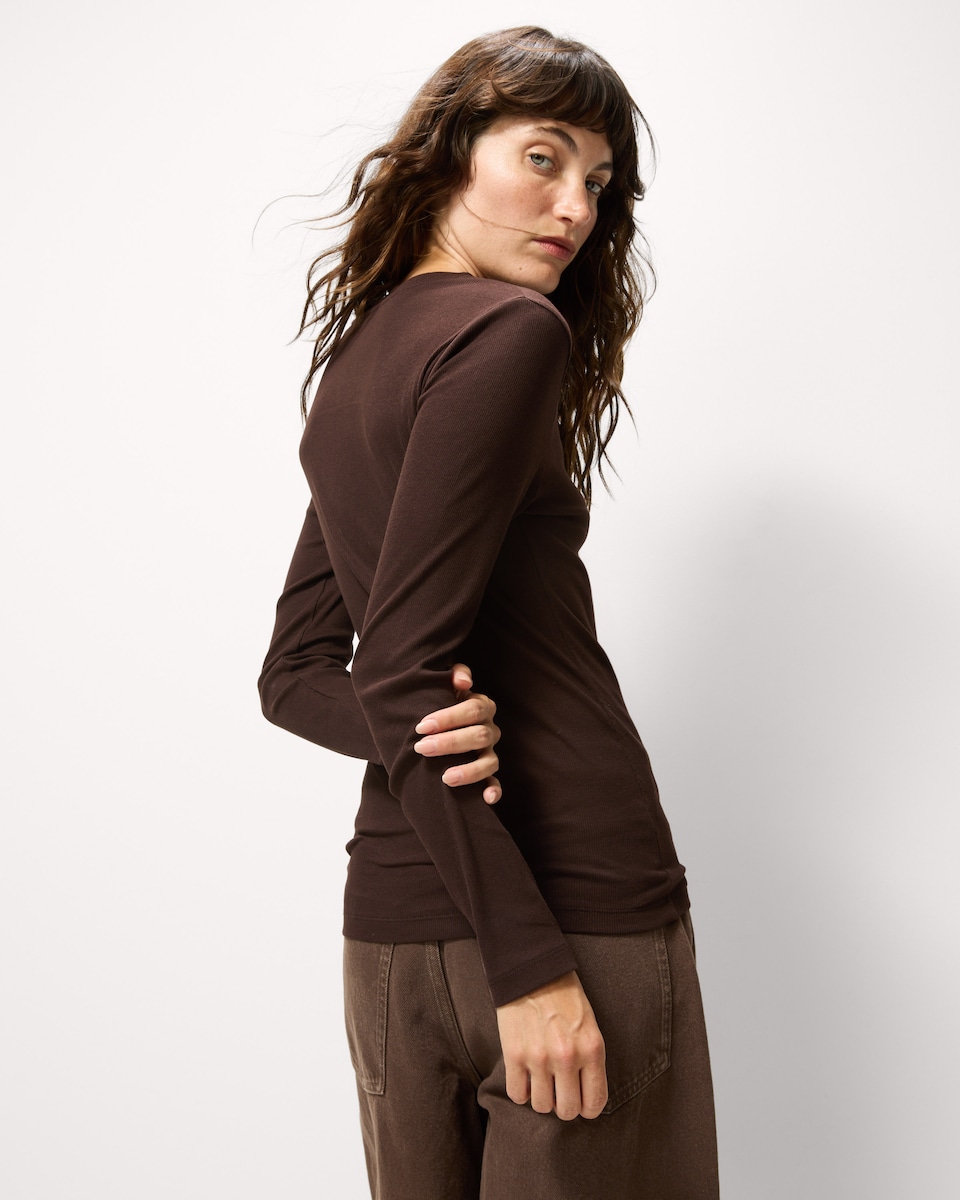 image 1 of F&F Cotton Rich Ribbed Long Sleeved Top in Chocolate