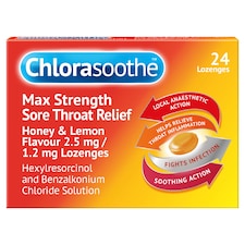 Chlorasoothe Max Strength Sore Throat Relief Honey & Lemon Flavour 24 Lozenges