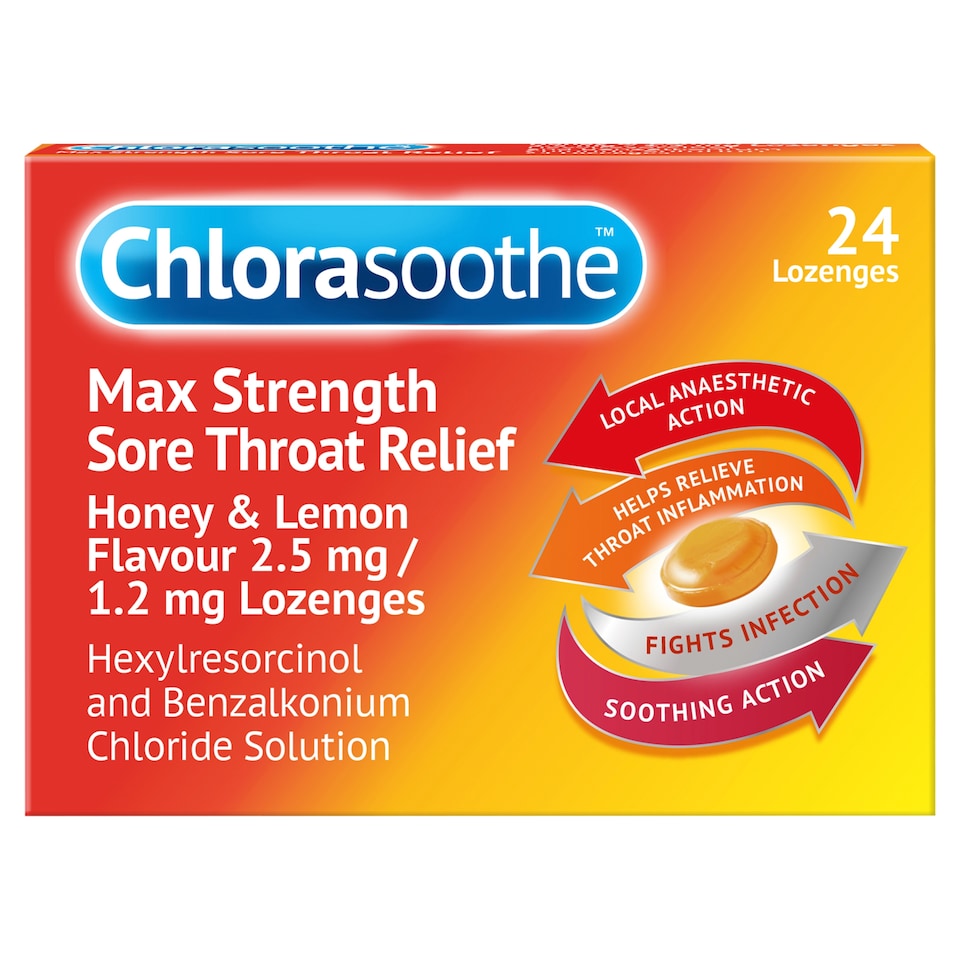 Chlorasoothe Max Strength Sore Throat Relief Honey & Lemon Flavour 24 Lozenges