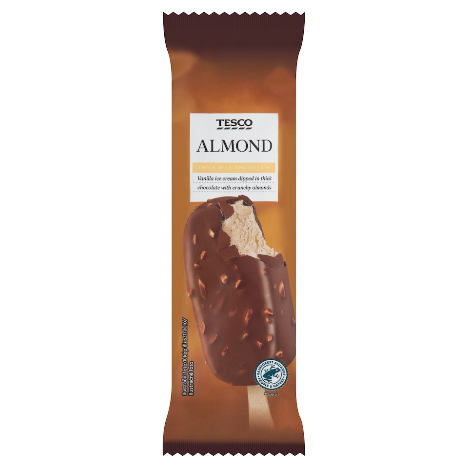 Tesco Mražený krém s rostlinným tukem vanilkový, v mléčné čokoládě s praženými kousky mandlí 120ml