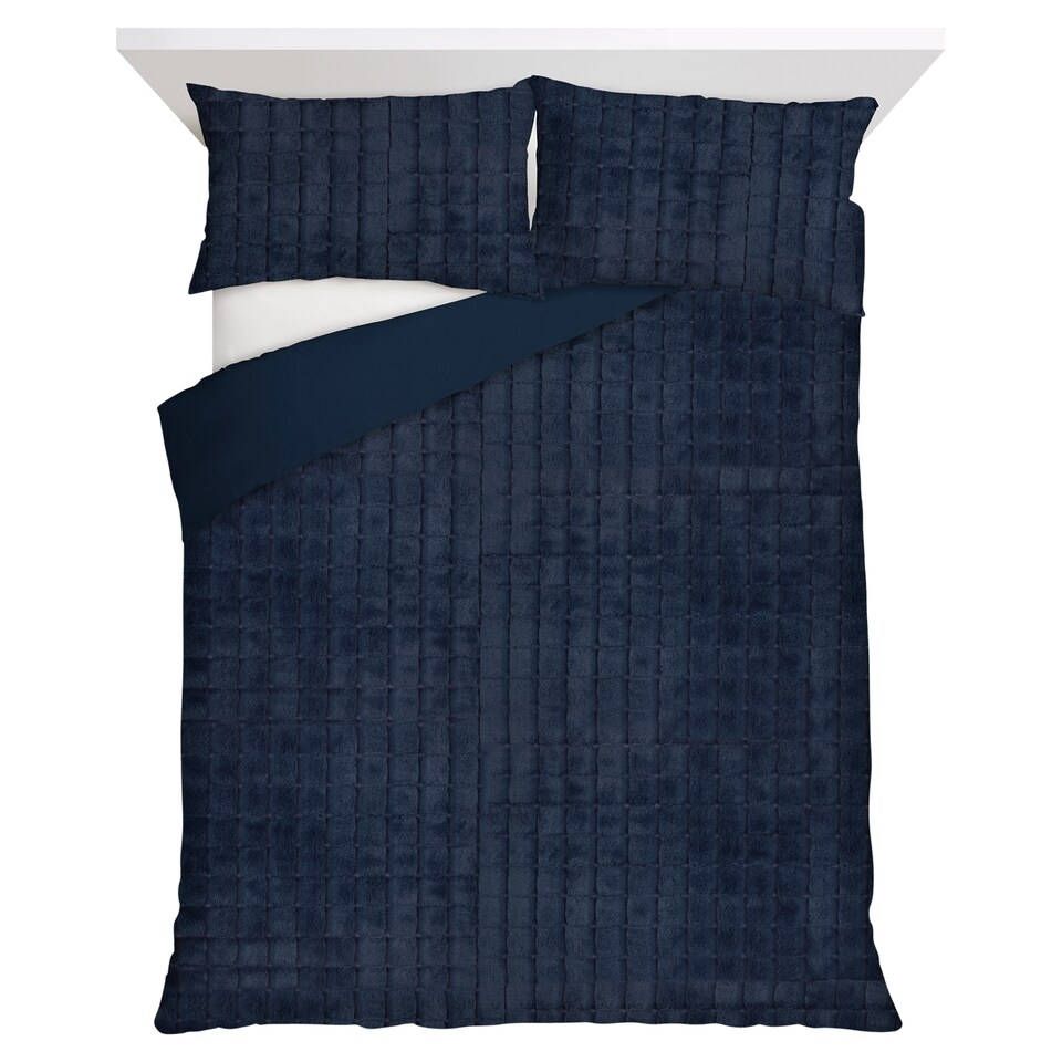 F&F Home Bedding Navy Grid Faux Fur Duvet Set King
