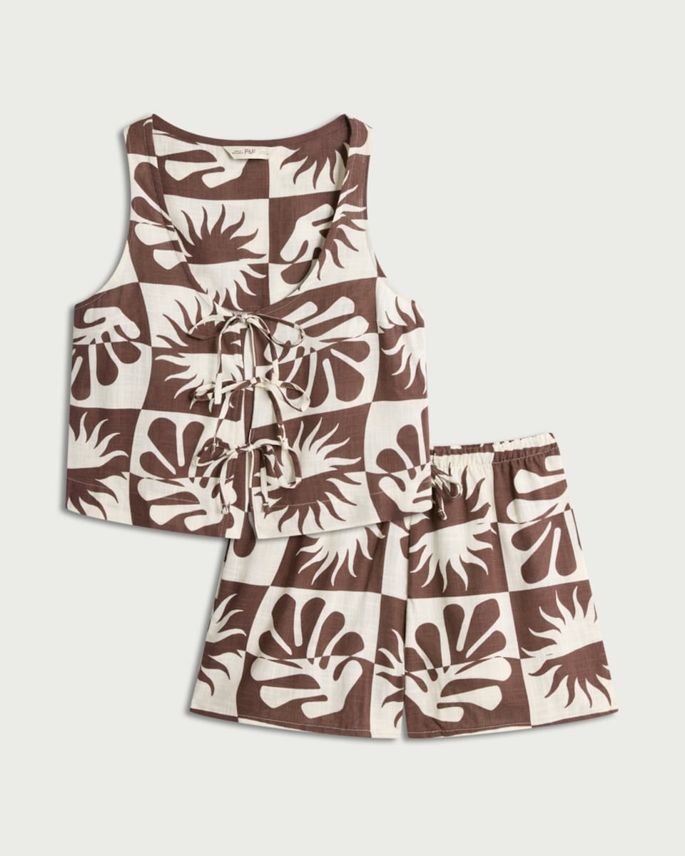 image 1 of F&F 2-Piece Palm Print Waistcoat Short Pyjama Set in Multi Brown