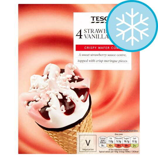 Tesco 4 Strawberry & Vanilla Cones 440Ml Tesco Groceries