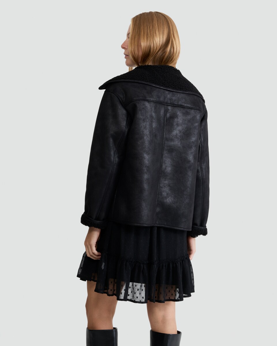 image 1 of F&F Faux Shearling Lined Aviator Jacket in Black