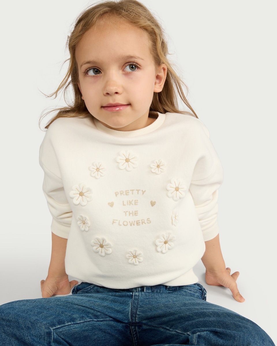 image 1 of F&F Girls Cotton Rich Floral Appliqué Sweatshirt in Cream
