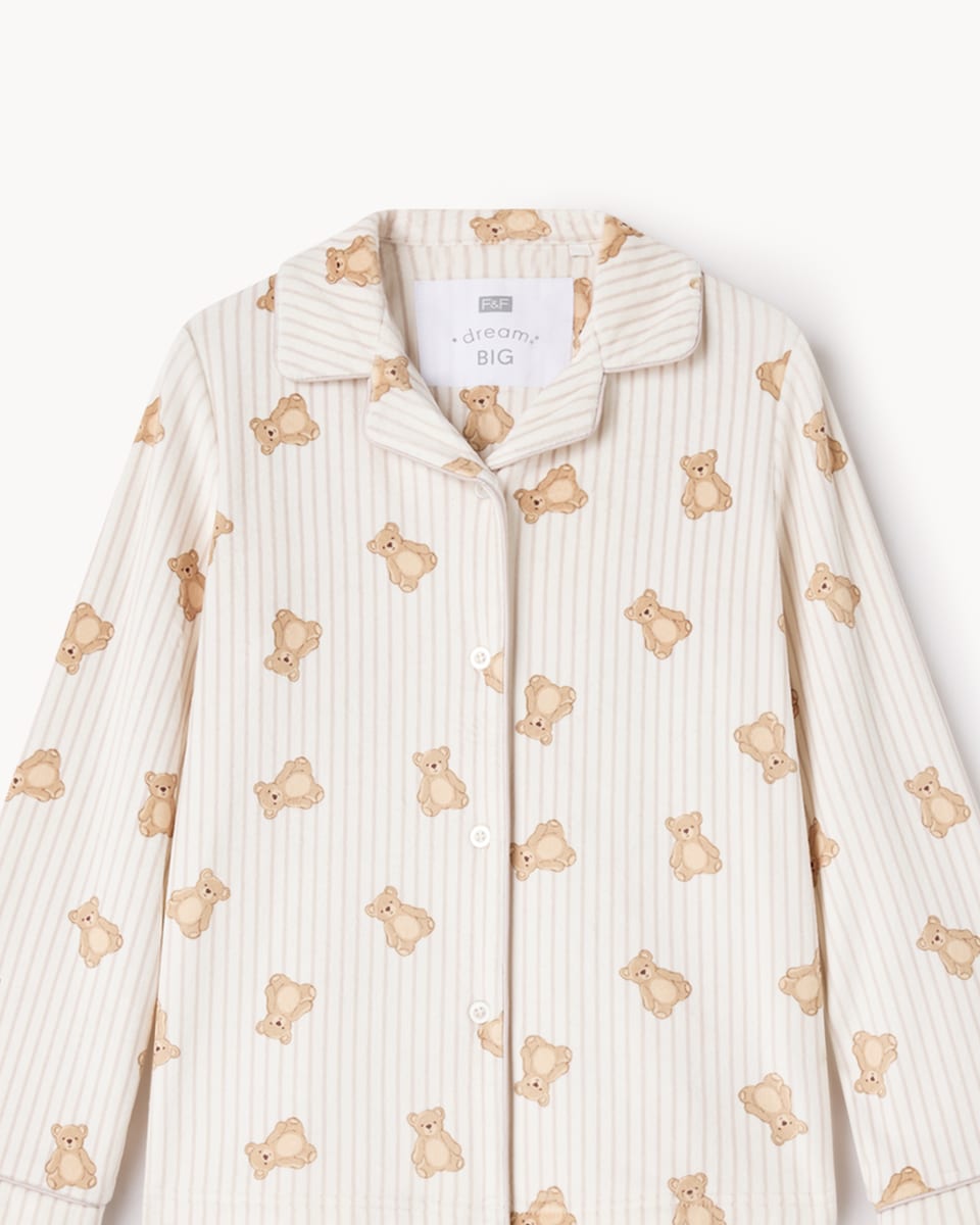 image 1 of F&F Girls Fleece Teddy Bear Revere Pyjama Set in Cream
