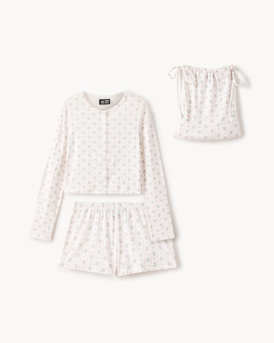 image 1 of OH ME OH MY Bunny Cardigan, Shorts and Bag Pyjama Set in Pink
