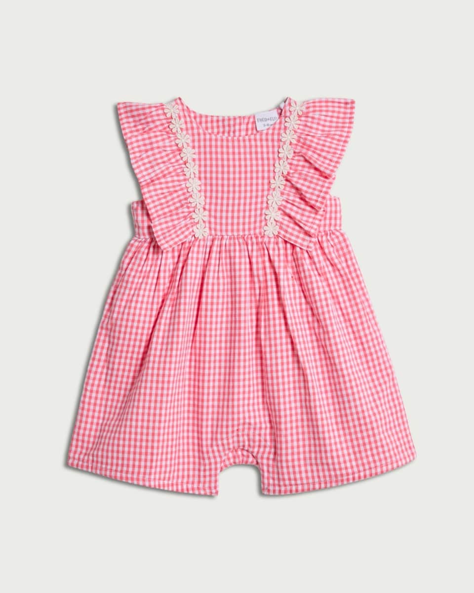 image 1 of F&F Baby Pure Cotton Gingham Floral Trim Romper in Pink