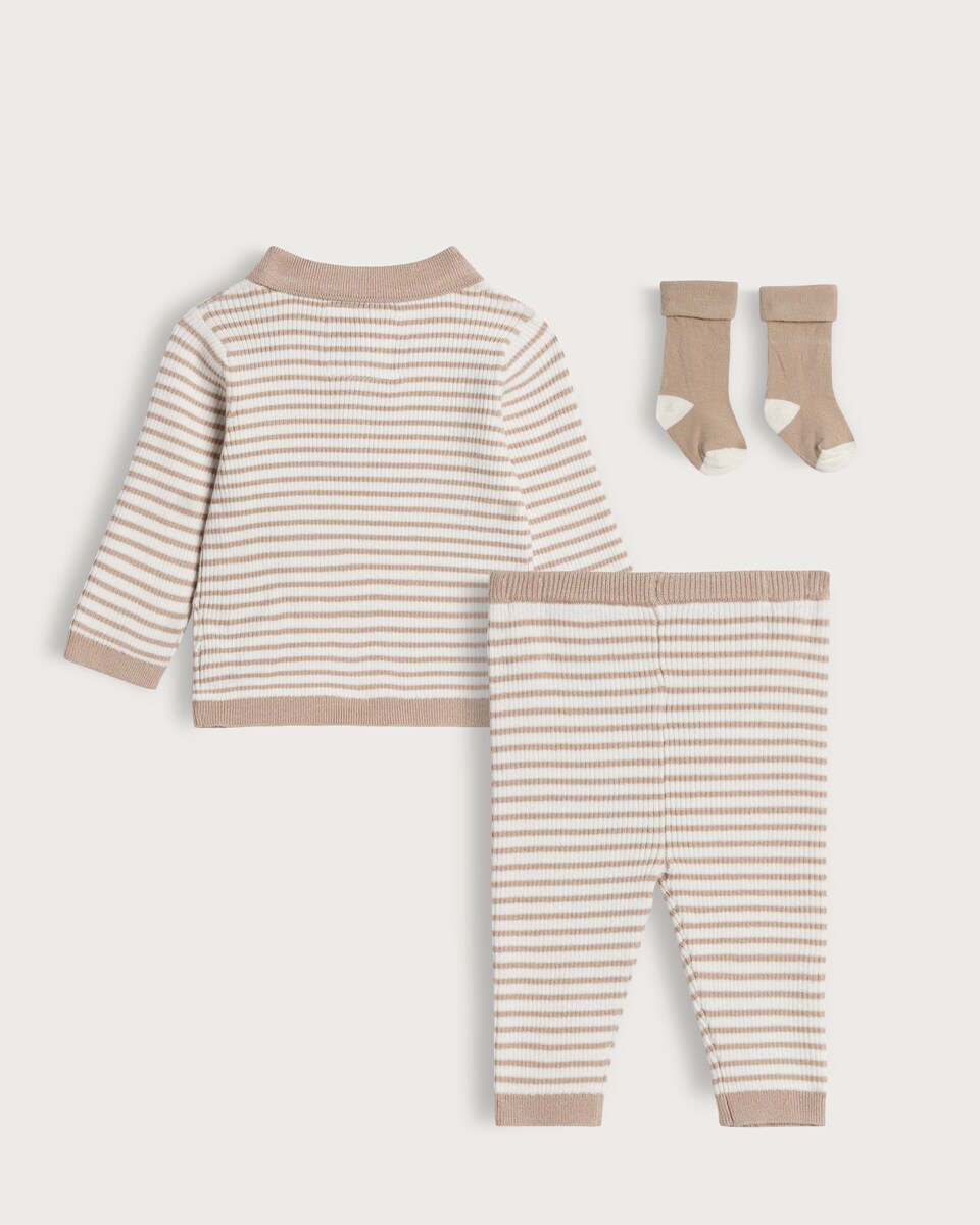 image 1 of F&F Baby 3-Piece Knitted Stripe Jumper, Leggings and Socks Set in Cream