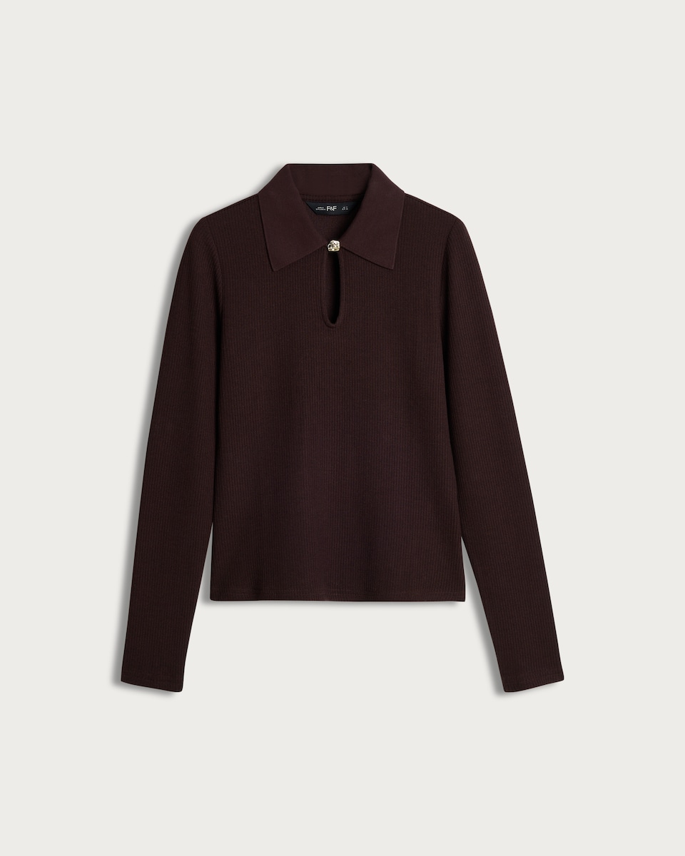 image 1 of F&F Ribbed Keyhole Long Sleeved Top in Chocolate