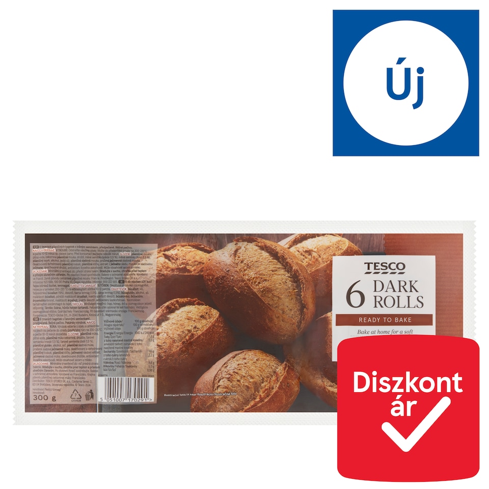 Tesco részben sült buci teljes kiőrlésű liszttel, lenmaggal 6 db 300 g