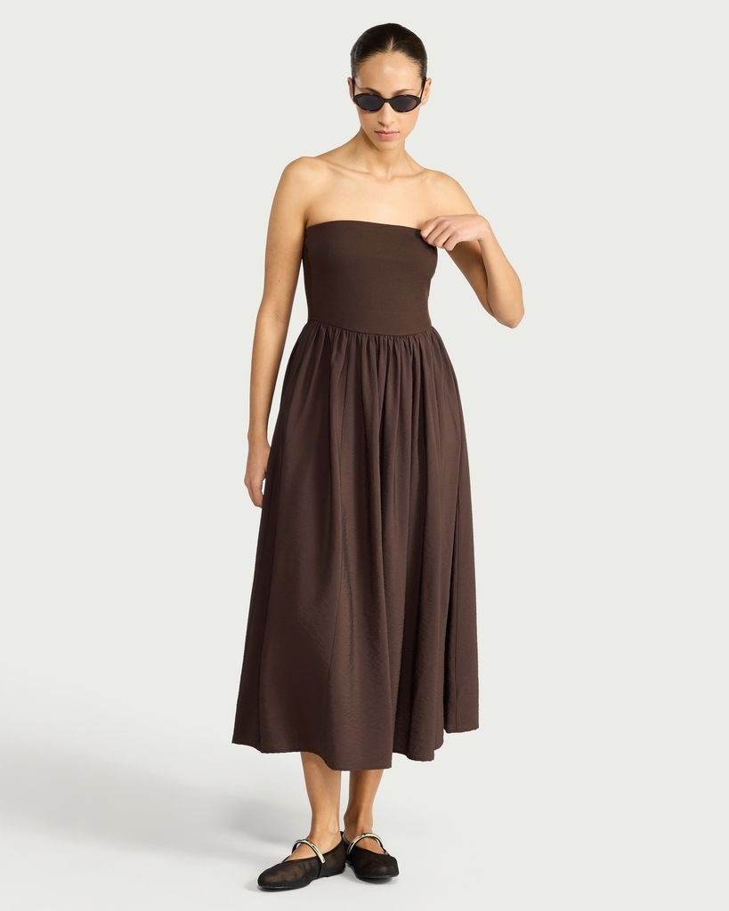 F&F Pleated Bandeau Midi Dress in Chocolate