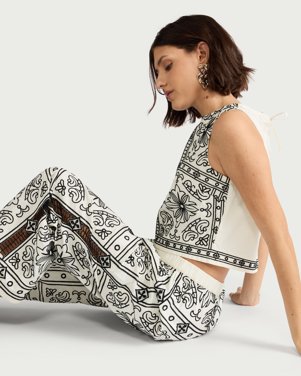 image 1 of The F&F Edit Pure Cotton Embroidered Trousers in Cream