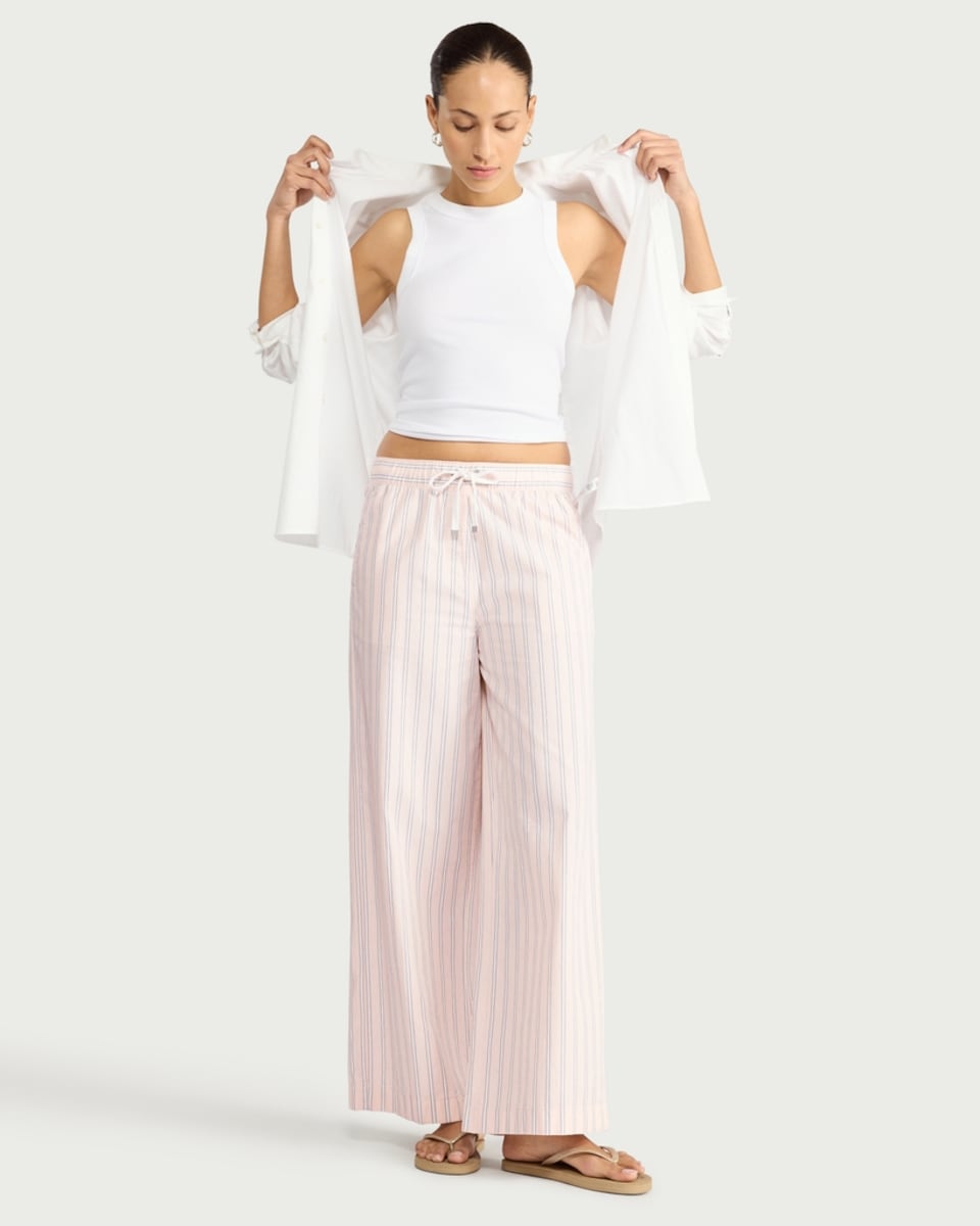 image 1 of F&F Pure Cotton Striped Wide Leg Trousers in Pink
