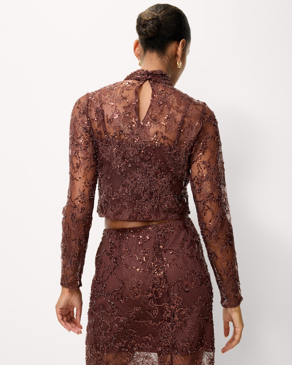 image 1 of F&F Beaded Lace Co-ord Top in Chocolate