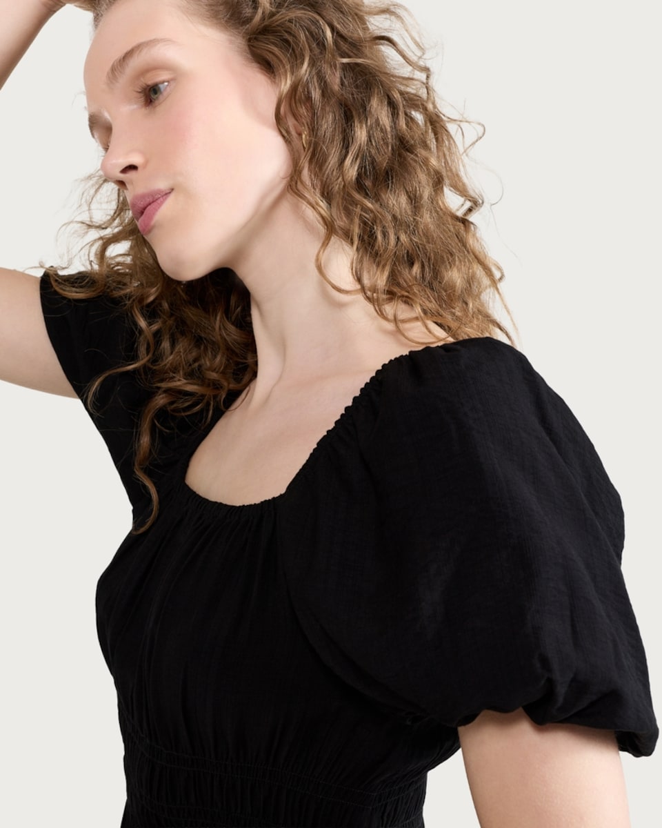 image 1 of F&F Smocked Puff Sleeved Mini Dress in Black