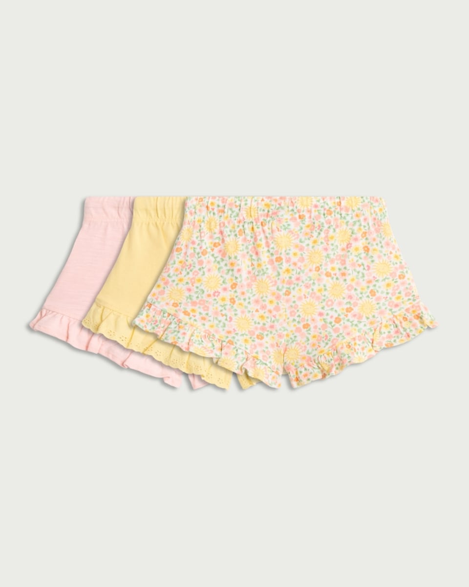 image 1 of F&F Baby 3-Pack Cotton Rich Ruffle Shorts in Yellow