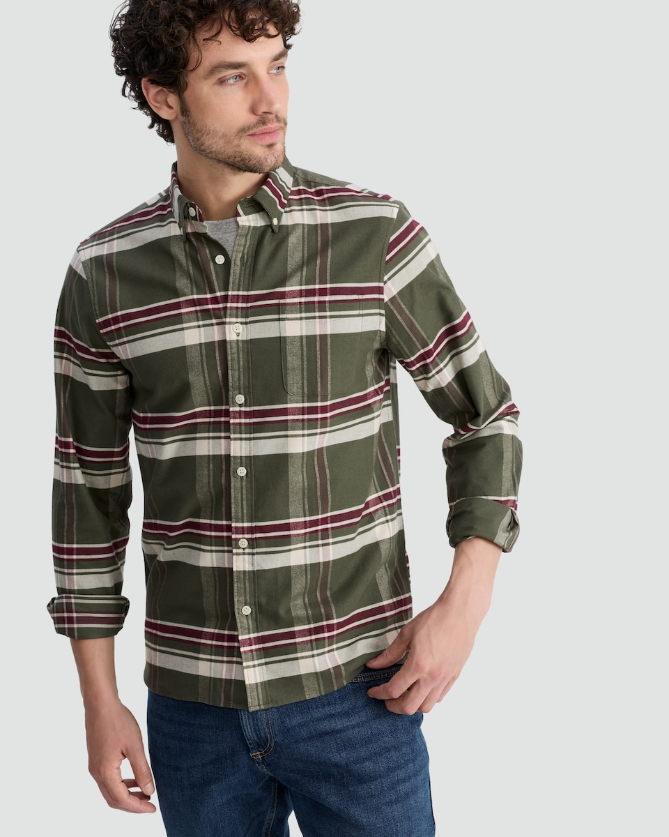 image 1 of F&F Pure Cotton Check Print Button Up Shirt in Khaki