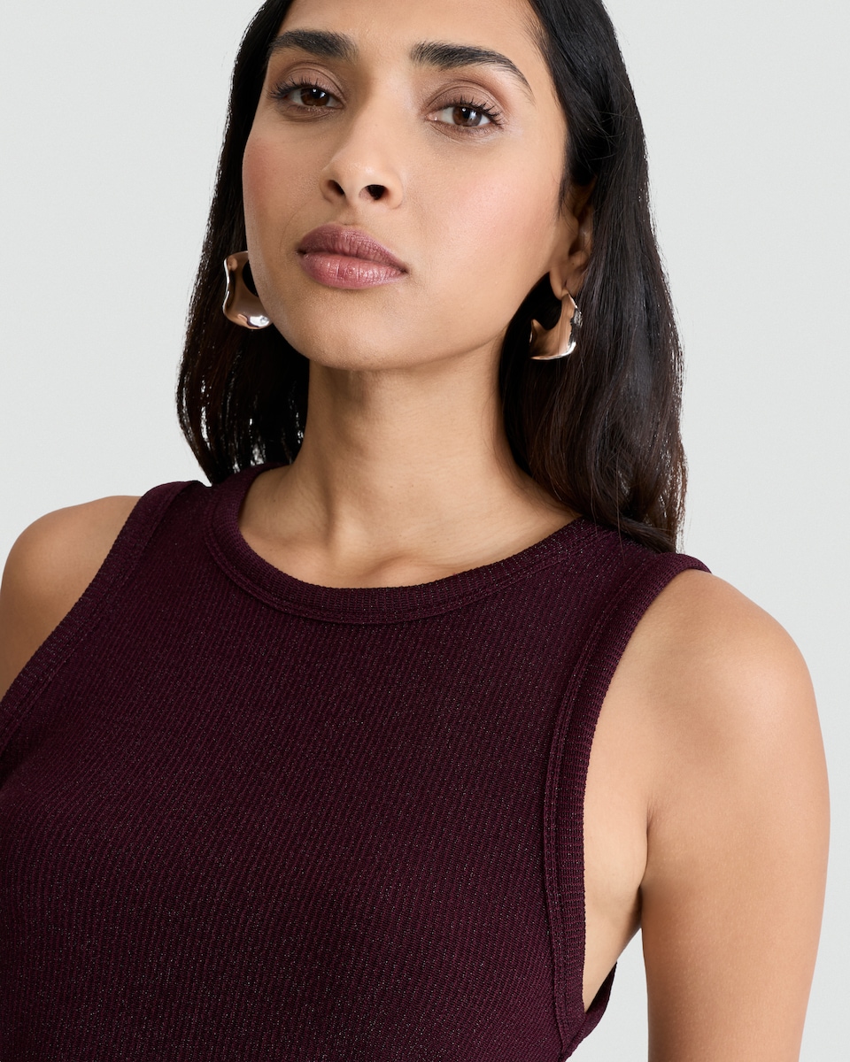 image 1 of F&F Lurex Ribbed Crew Neck Racer Vest in Burgundy