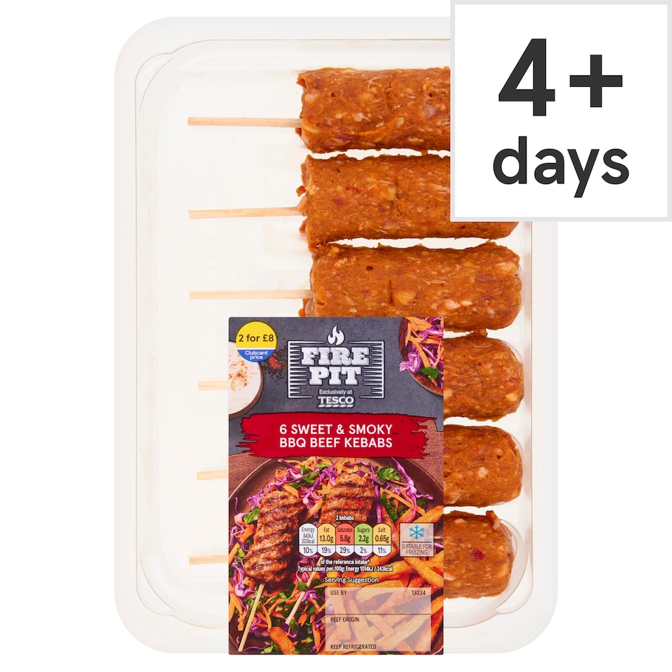 FIRE PIT Tesco Firepit 6 Sweet & Smoky BBQ Beef Kebabs 360g