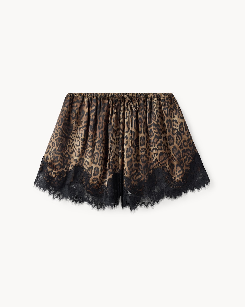 image 1 of F&F Satin Leopard Print Lace Trim Shorts in Multi Brown