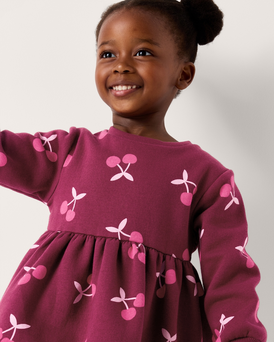 image 1 of F&F Girls Cotton Rich Cherry Sweat Dress in Burgundy