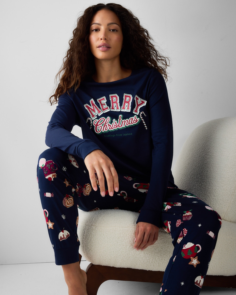 image 1 of Christmas Pure Cotton Merry Christmas Matching Family Pyjama Set in Navy