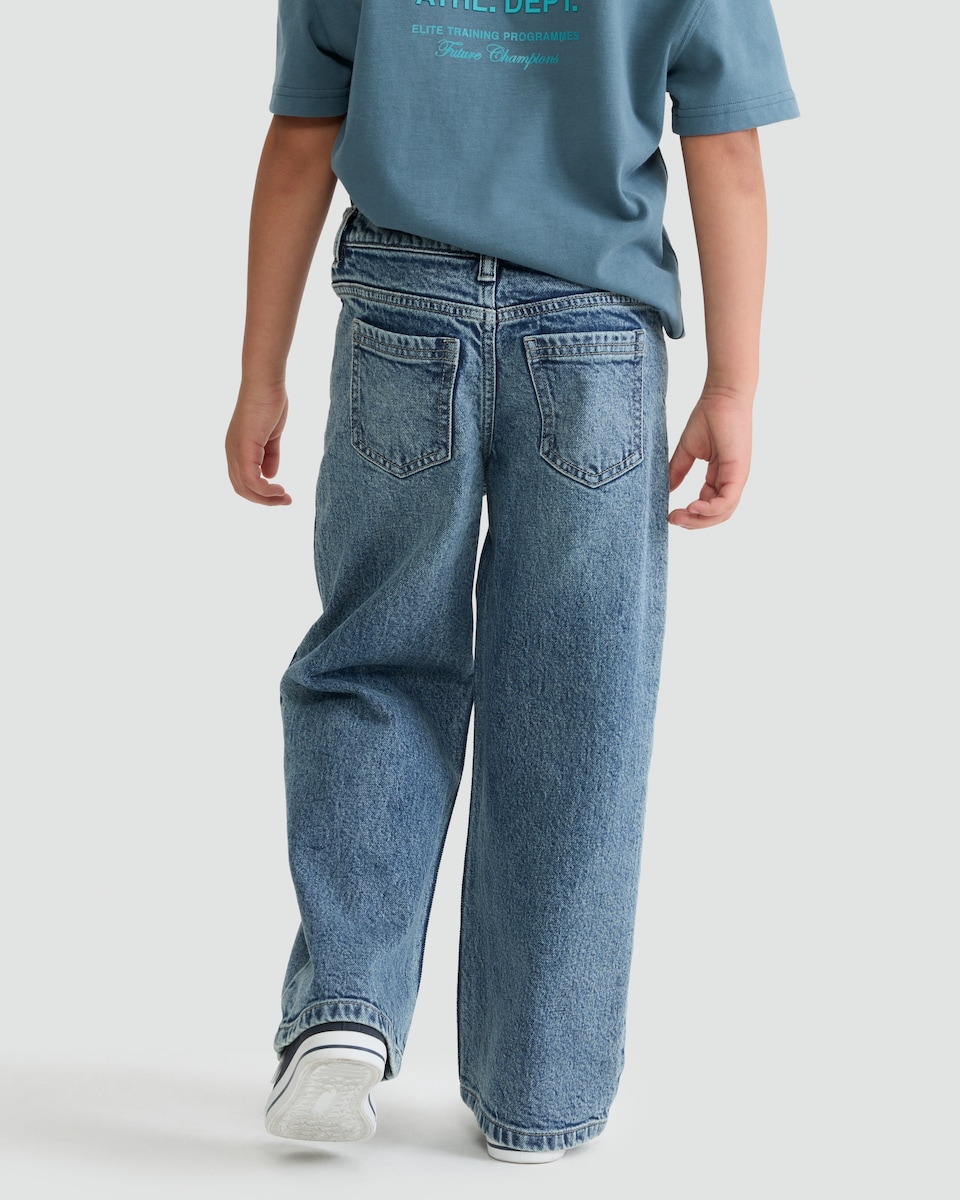 image 1 of F&F Boys Cotton Rich Wide Leg Denim Jeans in Blue