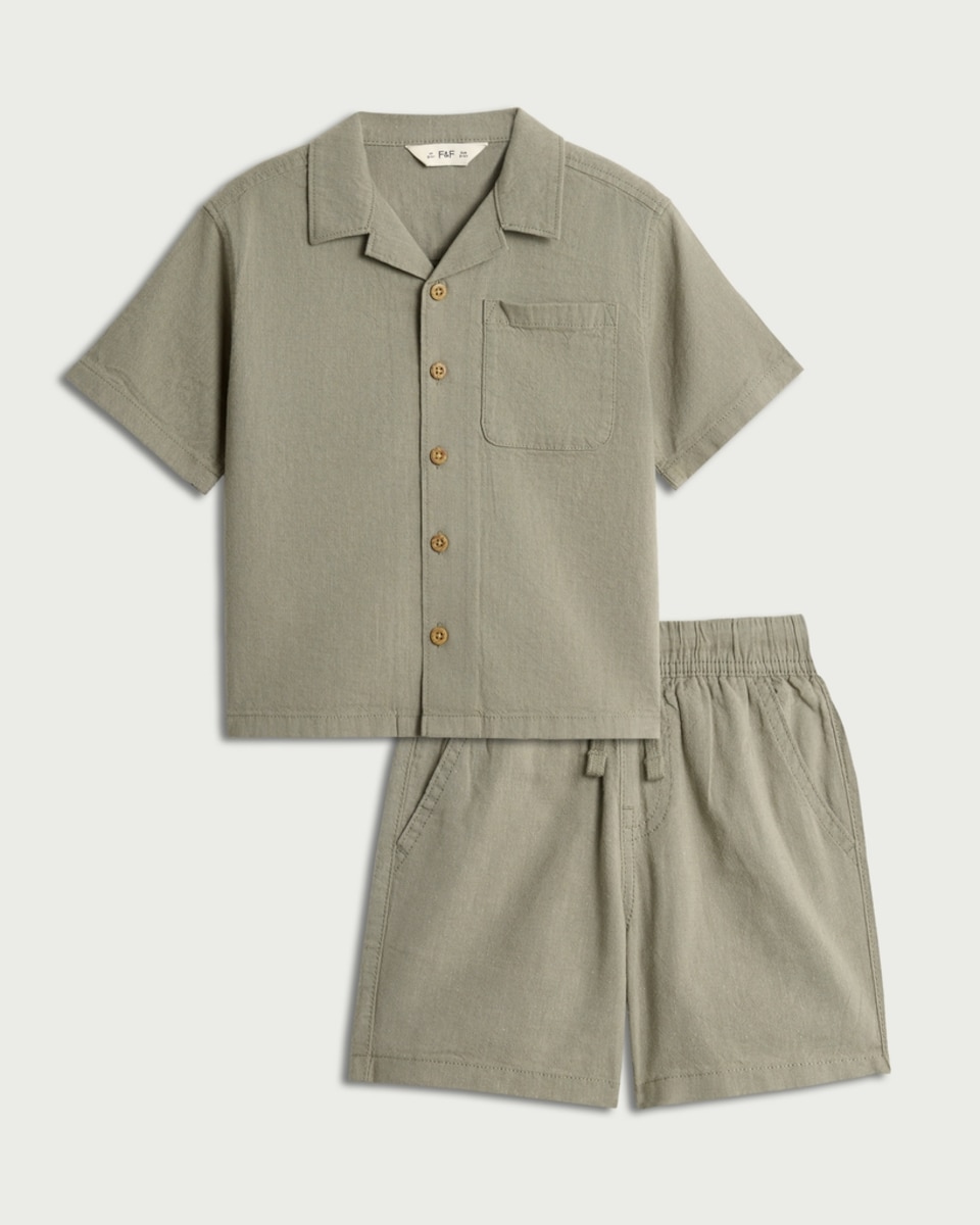 image 1 of F&F Boys 2-Piece Oversized Fit Shirt and Shorts Set in Khaki