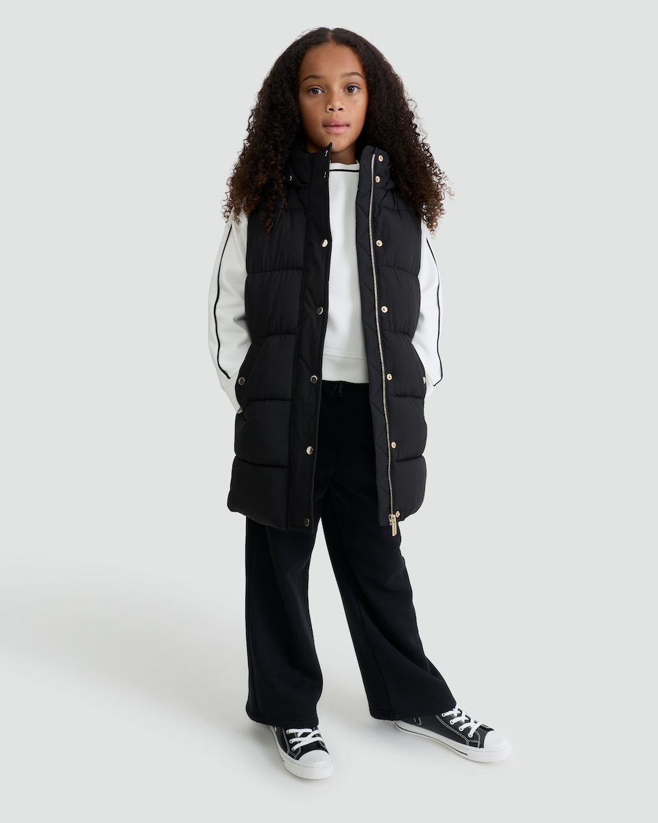 image 1 of F&F Girls Hooded Puffer Shower Resistant Gilet in Black