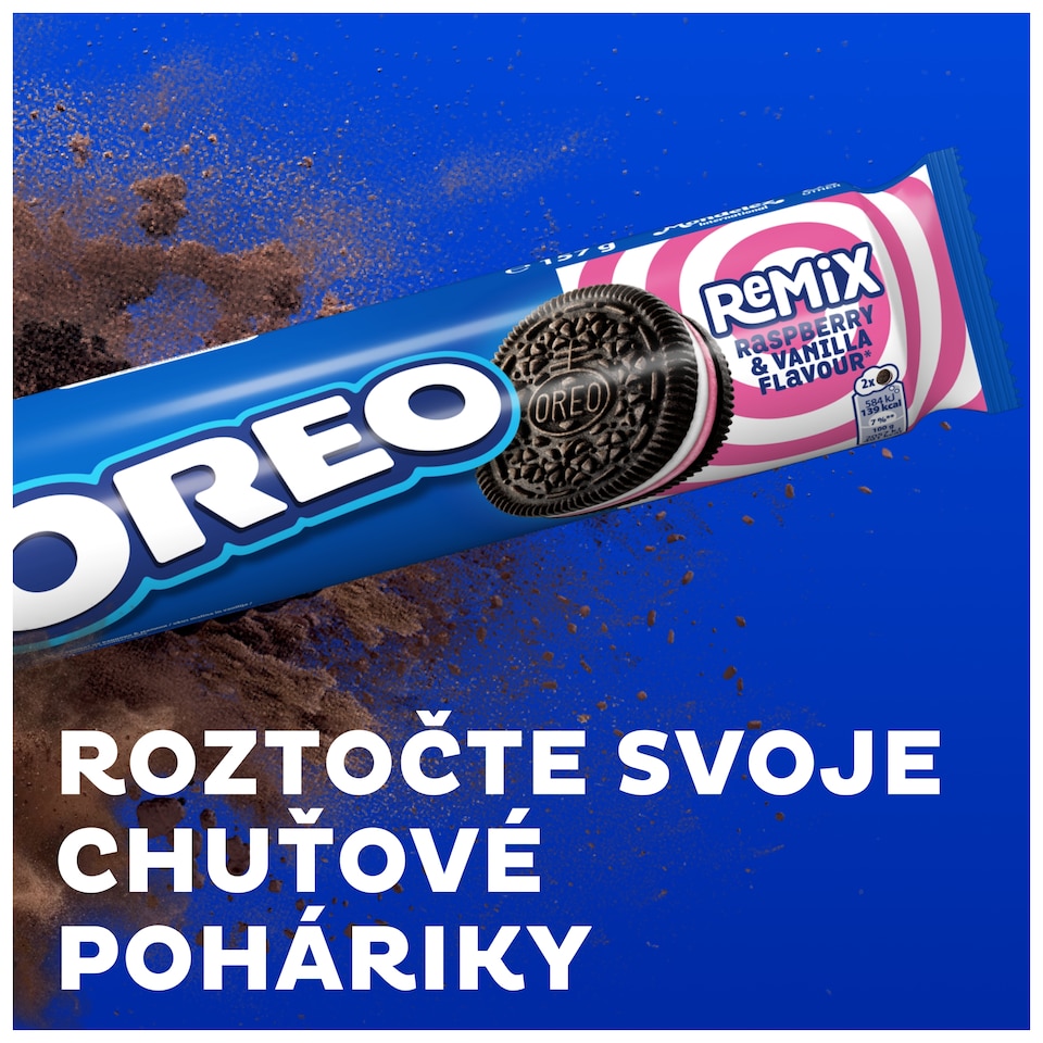 obrázok 1 z OREO Remix kakaové sušienky s náplňou s malinovou a vanilkovou príchuťou 11 sušienok 157 g