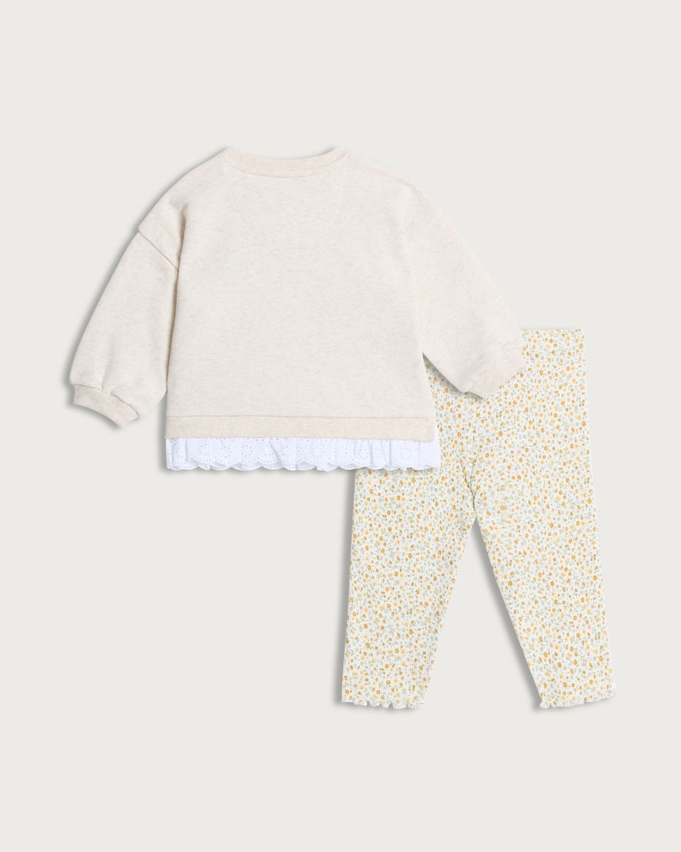 image 1 of F&F Baby 2-Piece Cotton Blend Farmyard Print Sweatshirt and Leggings Set in Cream
