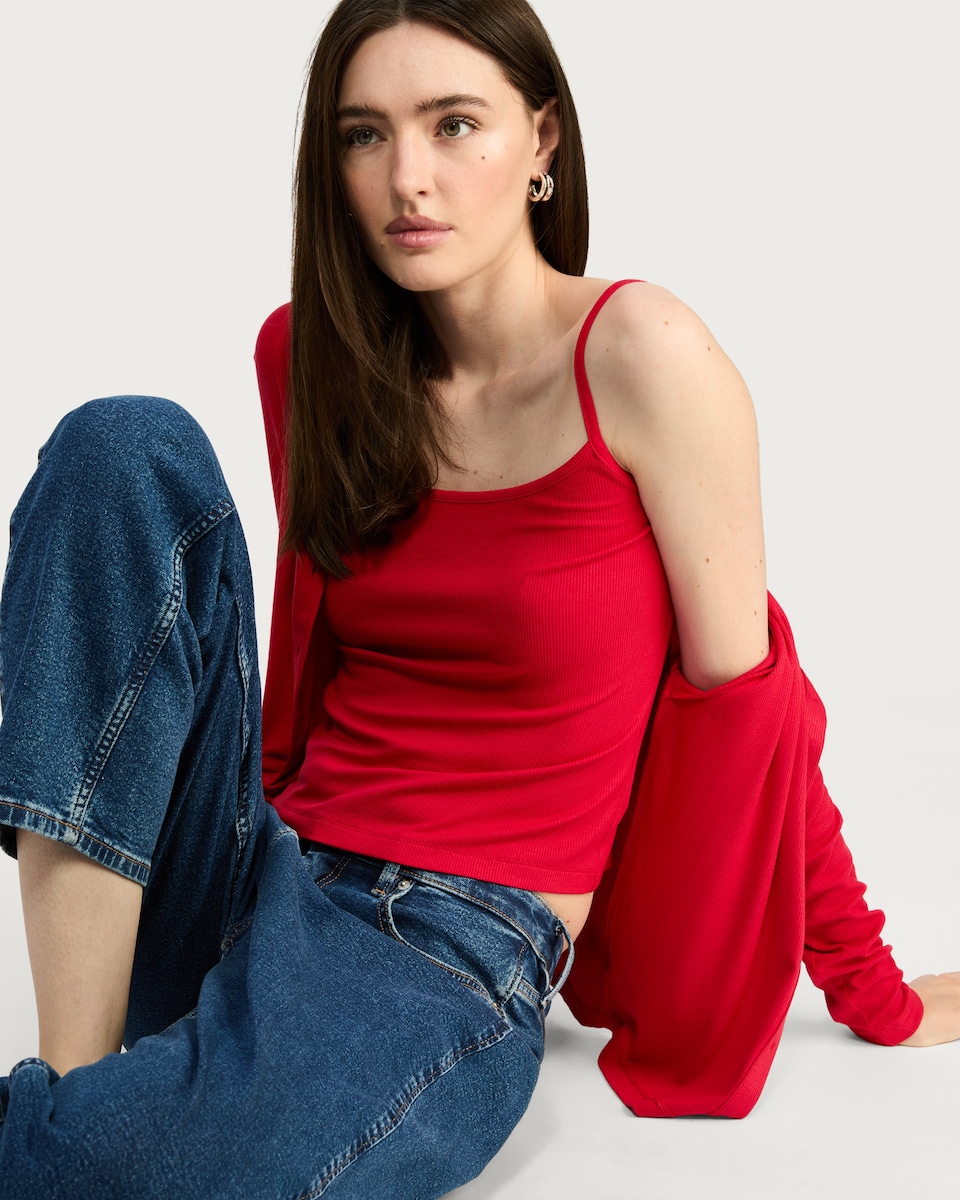 image 1 of F&F 2-Piece Ribbed Vest and Cardigan Set in Red