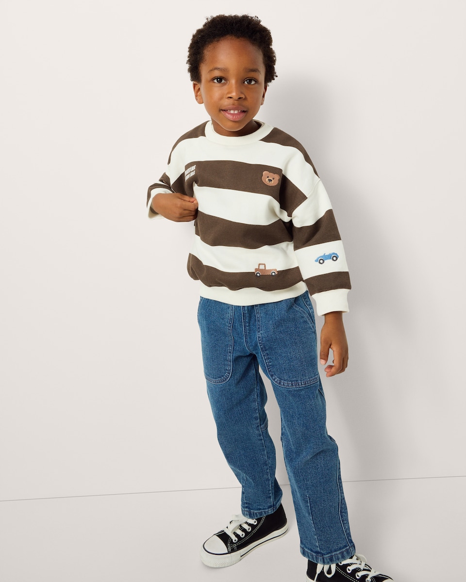 image 1 of F&F Boys Cotton Rich Striped Embroidered Sweatshirt in Brown