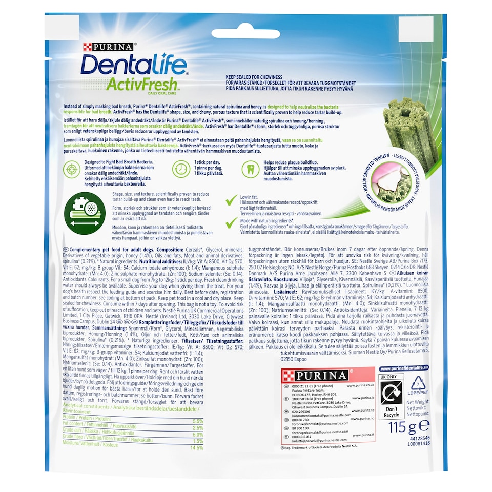 image 1 of Dentalife Activfresh 7 Small Dog Sticks 115G
