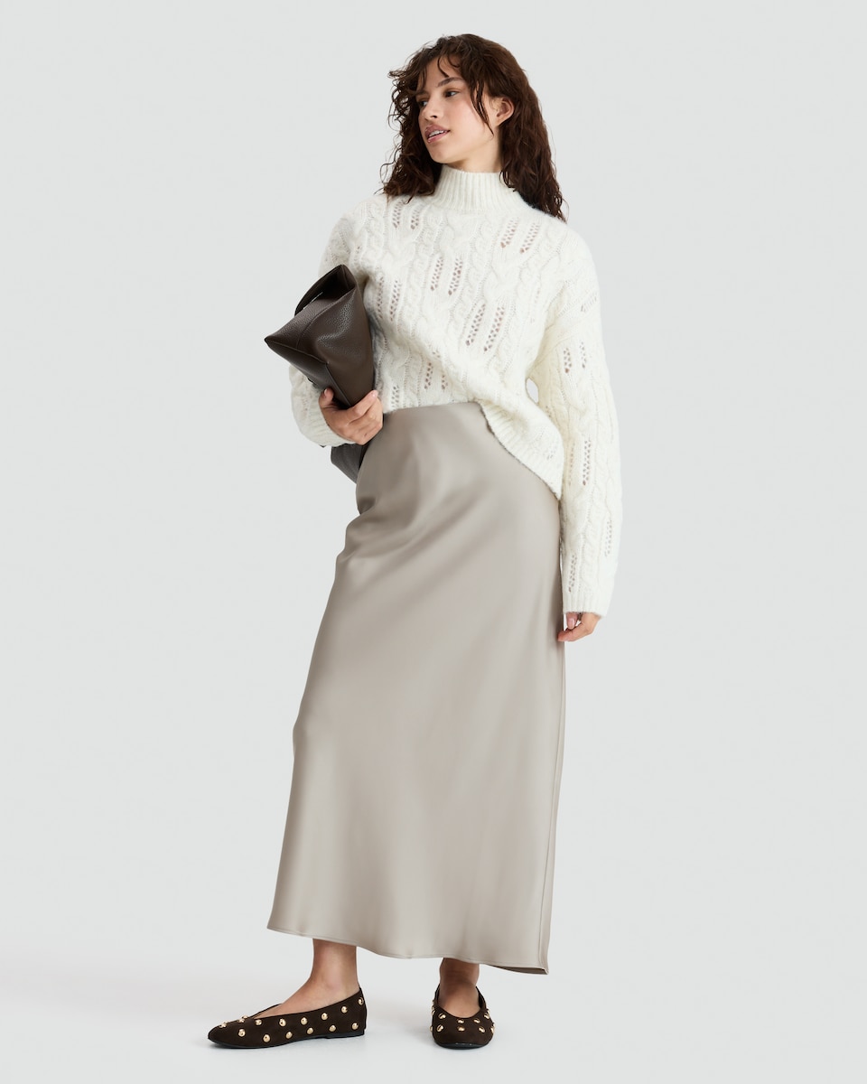 image 1 of F&F Satin Slip Midi Skirt in Stone