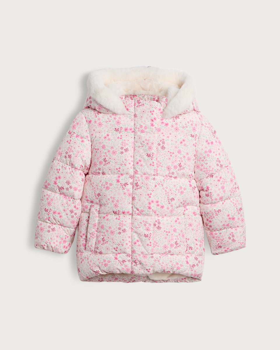 image 1 of F&F Girls Floral Print Padded Coat in Pink