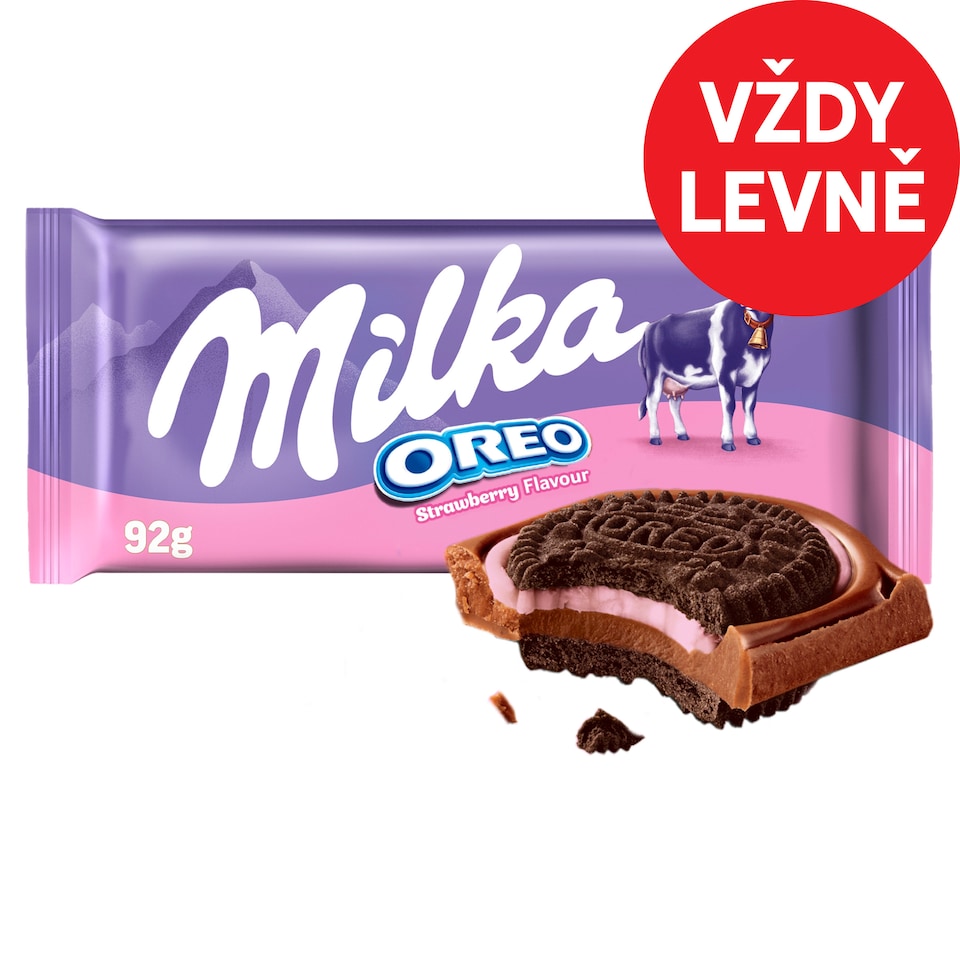 Milka čokoláda Oreo s kousky kakaových sušenek v mléčné čokoládě s jahodovou příchutí 92g
