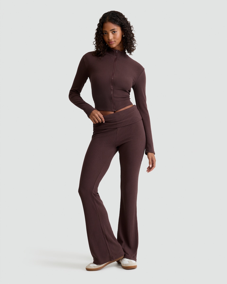 image 1 of OH ME OH MY Ribbed Foldover Waist Co-ord Leggings in Brown