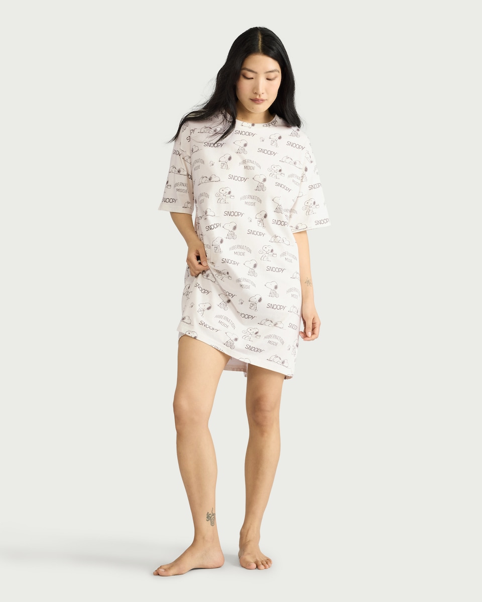 image 1 of Snoopy Pure Cotton Printed Pyjama Nightdress in Cream