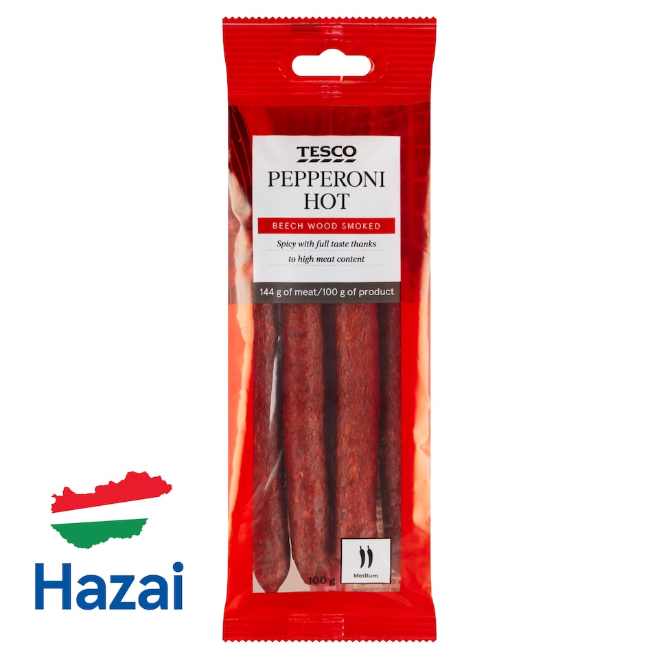 Tesco csípős, szárításos érleléssel készült, bükkfán füstölt, sertés és marha szárazkolbász 100 g