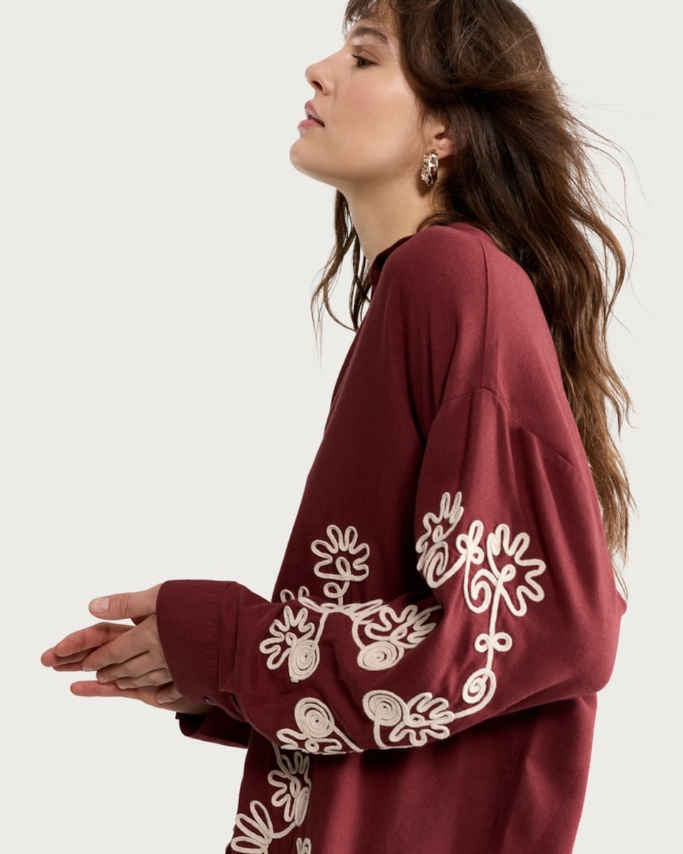 image 1 of The F&F Edit Embroidered Button Up Co-ord Shirt in Burgundy