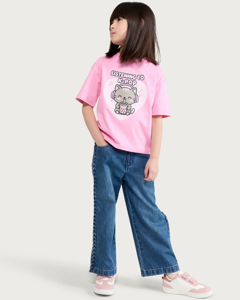 image 1 of F&F Girls Pure Cotton Listening to K-Pop T-Shirt in Pink