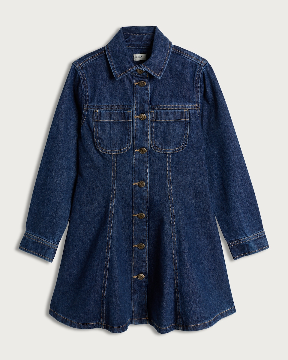 F&F Girls Pure Cotton Button Up Denim Dress in Blue