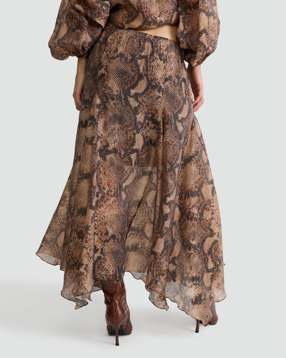 image 1 of F&F Snake Print Handkerchief Hem Midi Skirt in Multi Brown