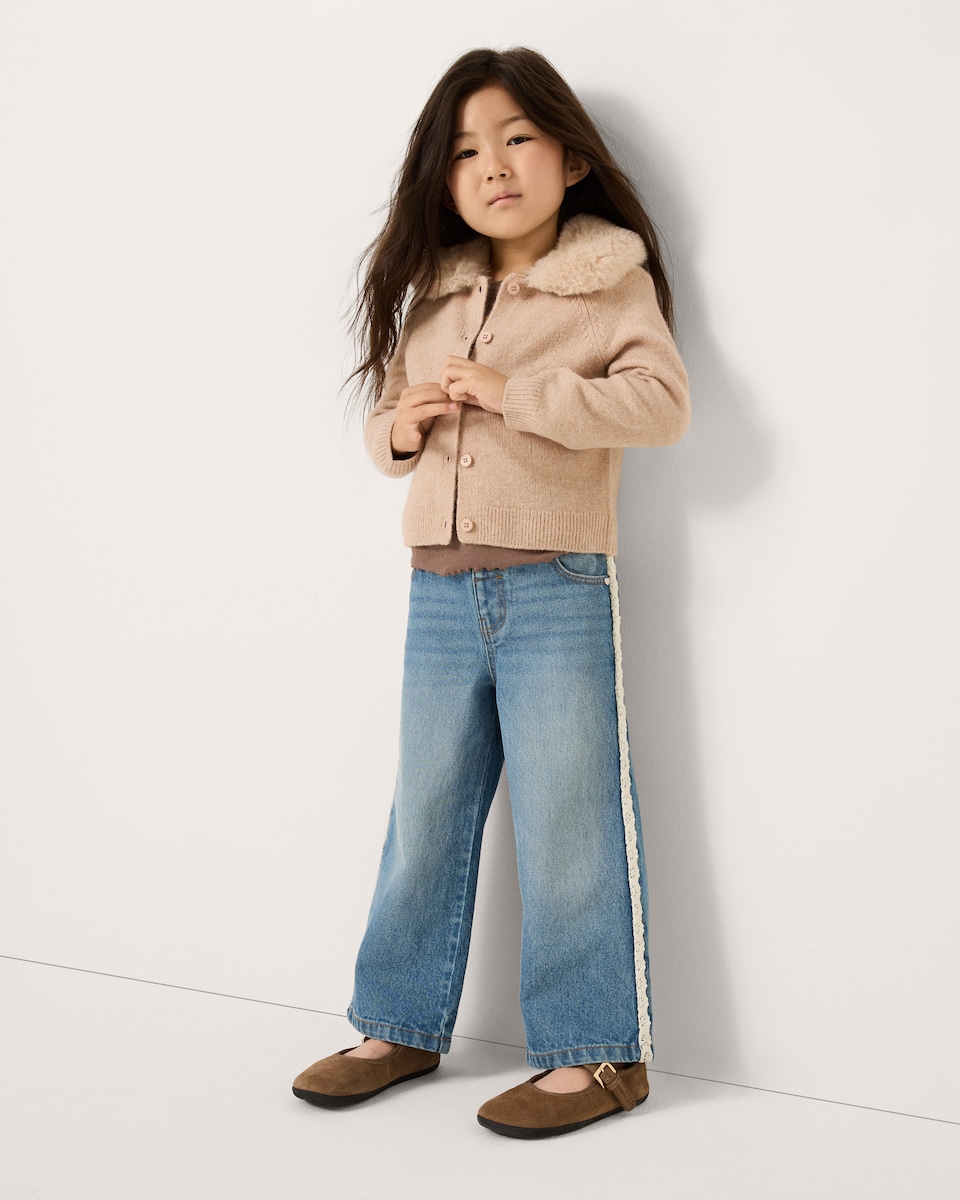 image 1 of F&F Girls Faux Fur Collared Cardigan in Tan