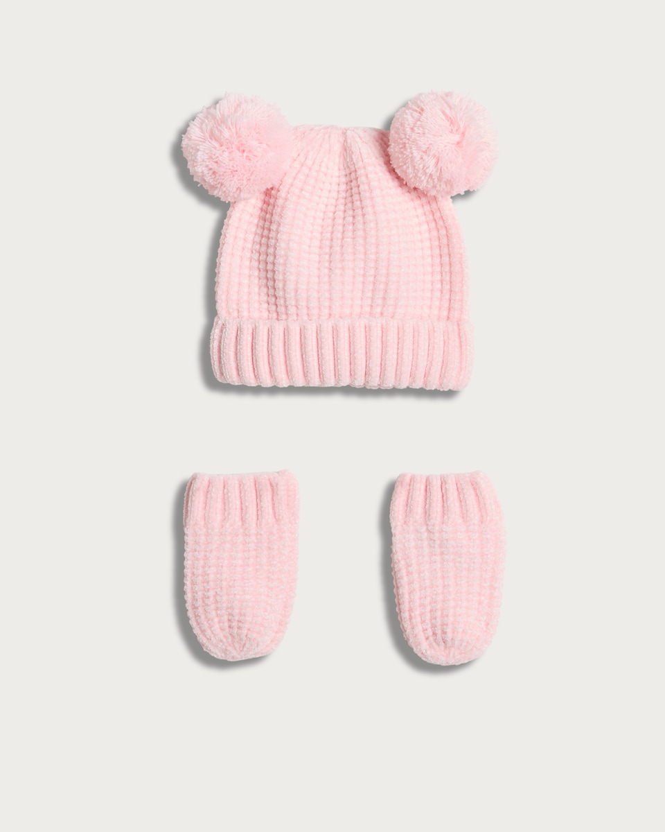 image 1 of F&F Baby 2-Piece Pom Pom Hat and Mittens Set in Pink