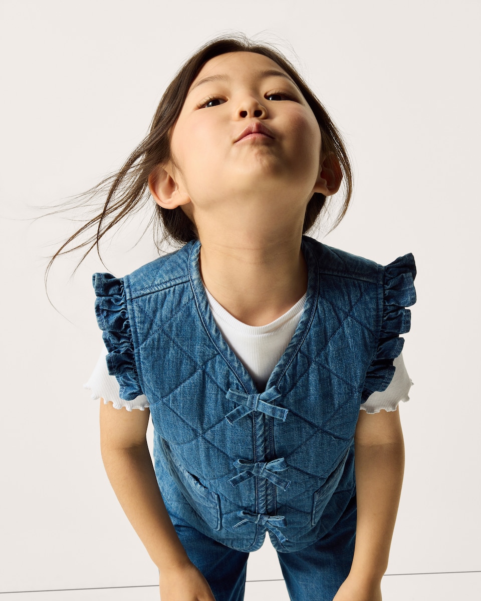 image 1 of F&F Girls 3-Piece Pure Cotton Denim Waistcoat, Trousers and Bag Set in Blue
